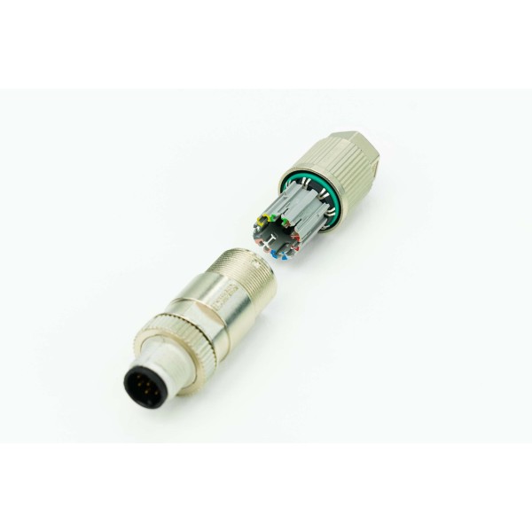 Connector M12 8P Male, A-coded, white aluminium, similar to RAL 9006