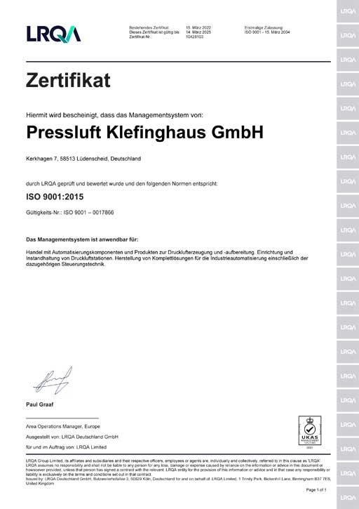 LRQA Zertifikat ISO 9001:2015
